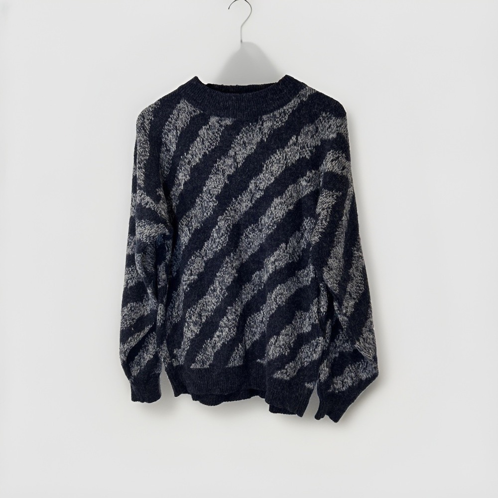 Saturdays Vintage Sweater Mens Large Navy Blue Diagonal Zebra Stripe Wool Blend